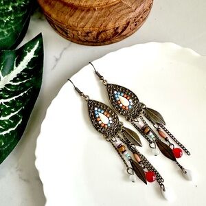Boho Antiqued Gold Earrings Bead Red White Bohemian Tassel Leaf Feather NEW
